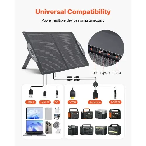 VEVOR Faltbares Solarpanel 100 W, Tragbares Solarladegerät 24% Hocheffizienz, Monokristallines Solarmodul mit MC4-Ausgang, USB-A-, Typ-C- & DC-Anschlüssen, IP65, für Powerstations, Camping, Wandern – Bild 2