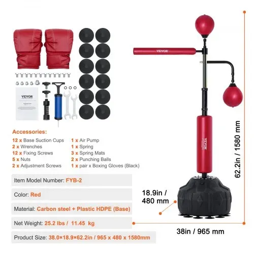 VEVOR Box-Speed-Trainer, Boxsack mit Ständer, Reflex-Boxsack für Jugendliche & Erwachsene, Höhenverstellbares Freistehendes Schlagsack-Set mit Handschuhen, Workout-Speed-Bag für Training Rot – Bild 10