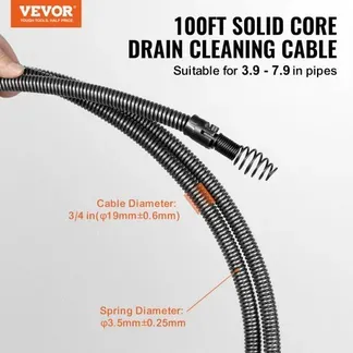 VEVOR Rohrreinigungsspirale 30 m x 19 mm, Rohrreinigungsspirale aus Stahl und 4 Schneidern für Rohre von 100 bis 200 mm, Rohrreinigungsspirale mit innerem Kern für Spüle, Bodenablauf, Toilette VEVOR Rohrreinigungsspirale 30 m x 19 mm, Rohrreinigungsspirale aus Stahl und 4 Schneidern für Rohre von 100 bis 200 mm, Rohrreinigungsspirale mit innerem Kern für Spüle, Bodenablauf, Toilette