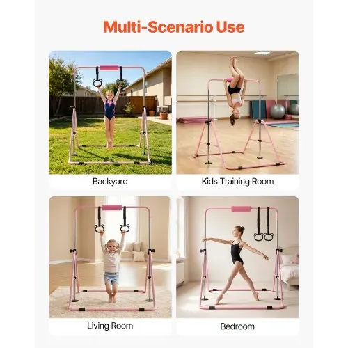 VEVOR Gymnastikstange für Kinder mit 63,5 kg Tragkraft, Klappbares Turnreck mit Turnringen, Höhenverstellbare Turnstange für Indoor- und Outdoor-Training, Heimtrainingsgerät für Kinderturnen, Pink – Bild 6