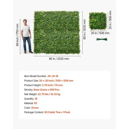 VEVOR Künstliche Hecke 50x50 cm 16-tlg. Set, Pflanzenwand, PE-Sichtschutz, Sichtschutzzaun, Windschutz, Heckenzaun, Kunstpflanzen Balkonverkleidung für Hochzeiten, Außengärten, Hinterhöfe – Bild 6