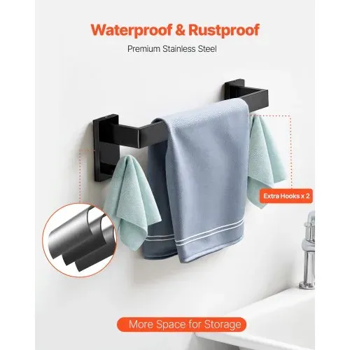 VEVOR Badezimmer Hardware Zubehör Set (5-tlg.) inkl. Handtuchstange (406,4 mm) & Handtuchhalter (quadratischer Ring) & 2 Haken & Toilettenpapierhalter, für Badezimmer, Wandmontage Mattschwarz – Bild 2