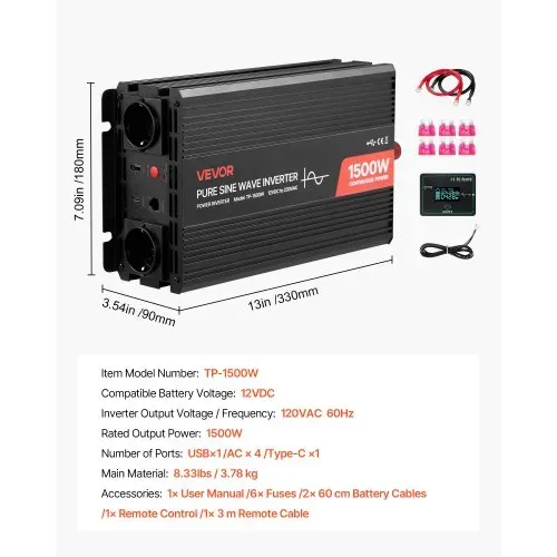 VEVOR 1500-W-Wechselrichter, 12 V DC auf 230 V AC, reiner Sinus-Wechselrichter, mit Fernbedienung, USB- & Typ-C-Anschlüsse, 2 AC-Steckdosen, Schnellladung für RV, LKW, Outdoor-Camping – Bild 6