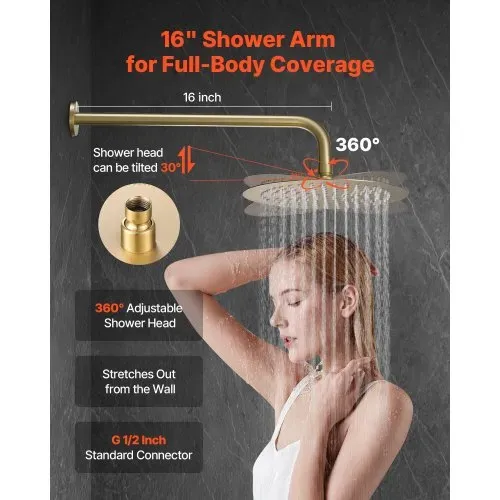 VEVOR Duscharmatur Regenduschsystem fürs Badezimmer Duschsystem mit 254 mm runden Regenduschkopf & Handbrause, wandmontierte Badezimmerarmaturen mit Messingventil & Zierset, gebürstetes Gold – Bild 3