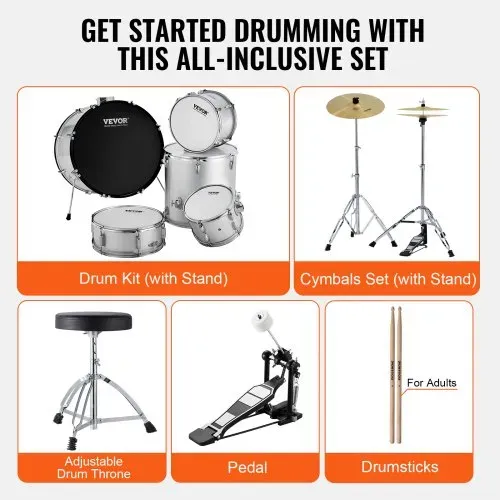 VEVOR Schlagzeug, 5-teilig, Drum in voller Größe mit Bass-/Tom-Drums, Snare, Standtrommel, verstellbaren Thronständern, Becken, Hi-Hat-Pedal und Drumsticks, Anfänger-Schlagzeug, Silber – Bild 5