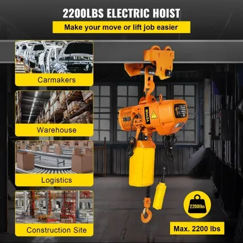 VEVOR Elektrischer Kettenzug, 2200 lbs Tragkraft, 13 ft Hubhöhe, 11 ft/min Geschwindigkeit, 230 V, einphasiger Brückenkran mit G80-Kette, 10,8 ft Kabelfernbedienung für Garage, Geschäft, Hotel, Zuhause VEVOR Elektrischer Kettenzug, 2200 lbs Tragkraft, 13 ft Hubhöhe, 11 ft/min Geschwindigkeit, 230 V, einphasiger Brückenkran mit G80-Kette, 10,8 ft Kabelfernbedienung für Garage, Geschäft, Hotel, Zuhause