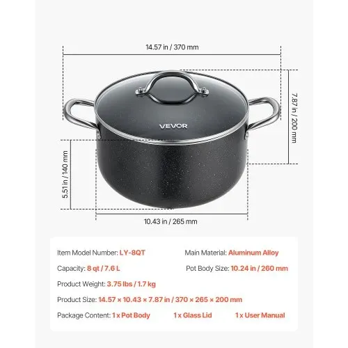 VEVOR Suppentopf aus Aluminiumlegierung 7,6 L Antihaftbeschichtet Kochtopf mit Glasdeckel, PFOA- und PFAS-frei, Kompatibel mit Gasherden Induktionsherden Elektroherden, Ideal für Suppen Eintöpfe Pasta – Bild 6