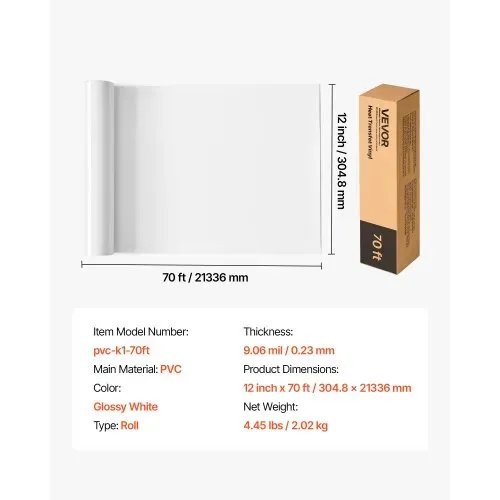 VEVOR Vinylfolie Wärmeübertragung Transferfolie (304,8 x 21336 mm), glänzend weiße HTV-Bügelvinylrolle, kompatibel mit Schneidemaschinen, für verschiedene Materialien T-Shirts Kissen Hüte – Bild 6