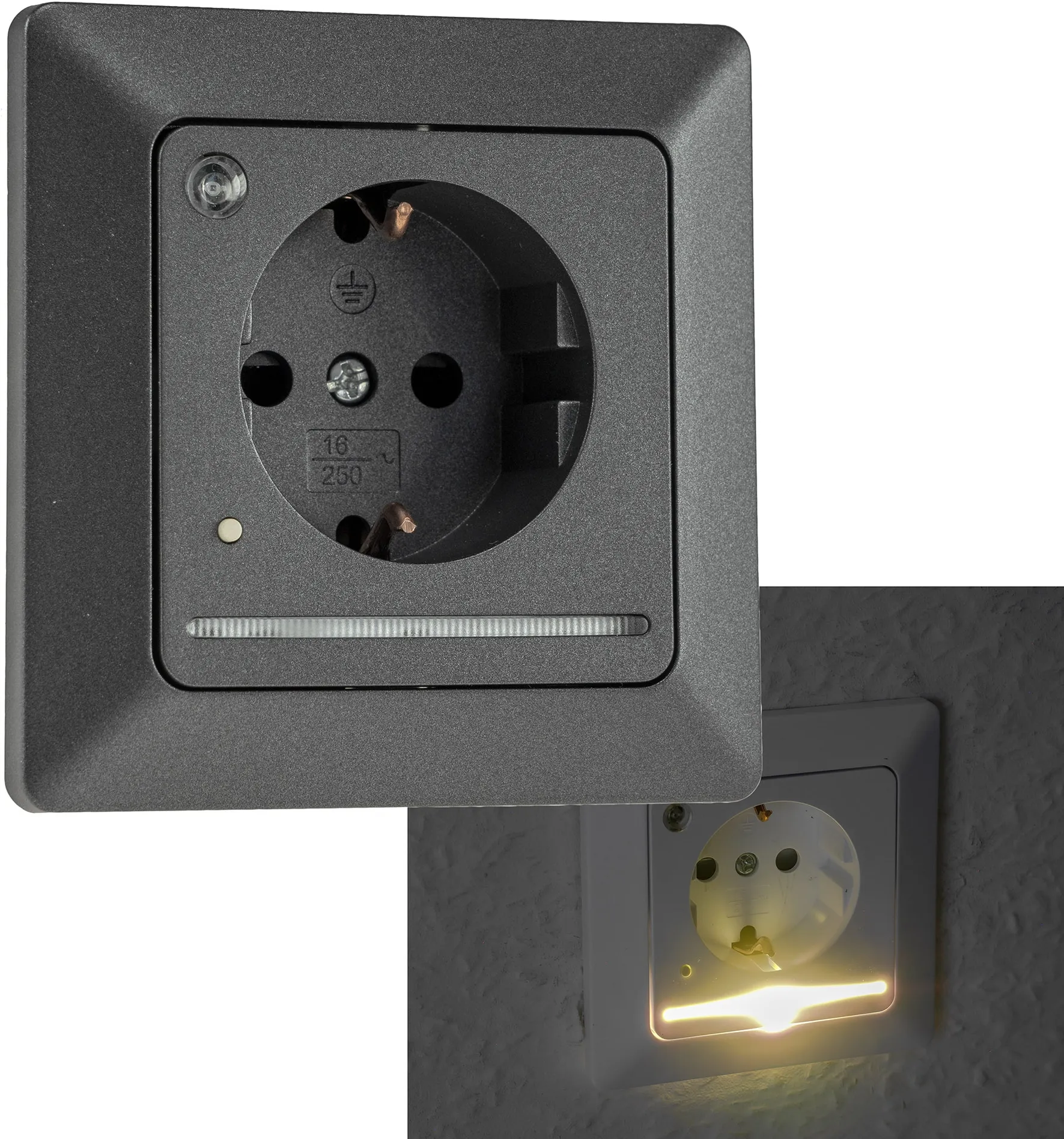 MILOS Schutzkontakt-Steckdose mit LED anthrazit, 250V~/ 16A, Licht mit Sensor MILOS Schutzkontakt-Steckdose mit LED anthrazit, 250V~/ 16A, Licht mit Sensor