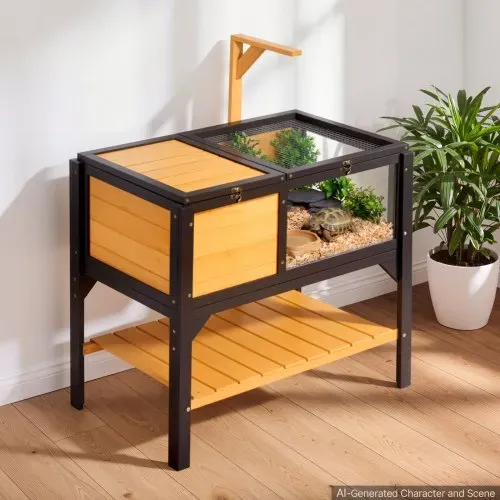 VEVOR Schildkrötenhaus Schildkrötengehege Reptilienkäfig 840x510x770 mm, für Schildkröten Reptilien, Tannenholz, mit 2 Räumen, Ablagefach, Lampenständer, Aufklappbarem Deckel & Acryl-Sichtfenster – Bild 7