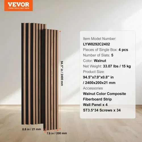 VEVOR Akustikpaneele, Akustikplatten, 2400 x 200 mm, MDF-Akzent-Holzwandpaneele für moderne Innenwände, Wandpaneele aus Kunstholz für stilvolles Dekor und Geräuschreduzierung, Walnuss, 4er-Set – Bild 6