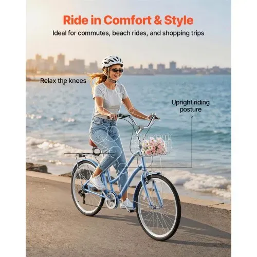 VEVOR Damenfahrrad 26 Zoll Cruiser-Fahrrad 150 kg 7-Gang Citybike Hellblau, für Pendelfahrten Besorgungen und Strandfahrten, mit Korb, Gepäckträger bis 50 kg, Doppel-V-Bremsen und Praktischem Zubehör VEVOR Damenfahrrad 26 Zoll Cruiser-Fahrrad 150 kg 7-Gang Citybike Hellblau, für Pendelfahrten Besorgungen und Strandfahrten, mit Korb, Gepäckträger bis 50 kg, Doppel-V-Bremsen und Praktischem Zubehör