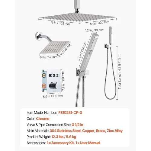 VEVOR Duschsystem-Set mit 12 Zoll Regenduschsystem / 6 Zoll Wandmontagekopf / 2 in 1 Handbrause, drehbarer Doppelregenkopf (3 Funktionen), Messingventil und Verkleidungssatz, Chrom thermostatisch – Bild 6