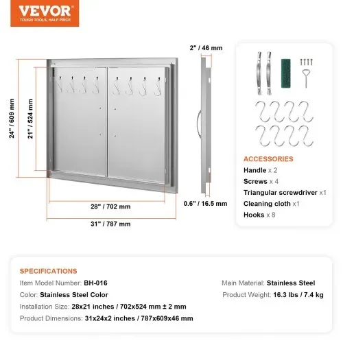 VEVOR Grill-Zugangstür, 787 x 609 mm, Doppelte Außenküchentür, Flächenbündig Montierte Edelstahltür, Doppelwandige vertikale Tür mit Griffen und Haken, für Grillinsel, Grillstation, Außenschrank – Bild 6
