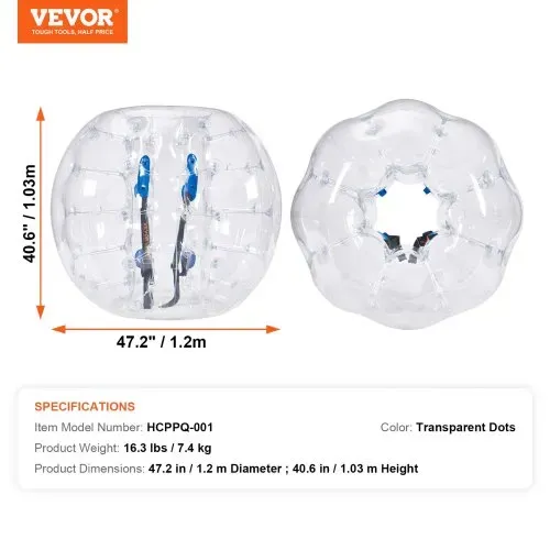 VEVOR Aufblasbarer Bump Ball Bumper Stoßball 1 Stk. 1,2 m x 1,03 m, Menschlicher Kollisionsball, PVC-Körperblasen-Bounce-Ball für Outdoor-Aktivitäten, Transparente Punkte Aufblasbarer Bumper Ball – Bild 6