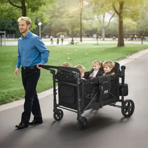VEVOR 4-Sitzer-Kinderwagen, faltbarer Push-Pull-Kinderbuggy mit verstellbarem Griff, 5-Punkt-Sicherheitsgurt & abnehmbarem Verdeck, Bollerwagen für Camping, Schwarz (150 kg Tragkraft) – Bild 7