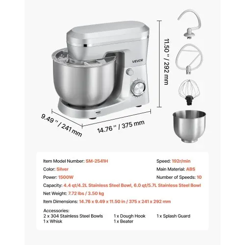 VEVOR Knetmaschine Küchenmaschine zum Backen, 1500 W Teigmaschine mit Edelstahlschüsseln (4,2 + 5,7 L) & Knethaken & Rührbesen & Schneebesen, 10-Gang einstellbare kippbare Rührmaschine Standmixer – Bild 6