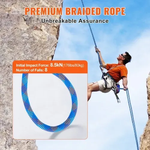 VEVOR 10,2 mm dynamisches Kletterseil, 50 m (164 Fuß) Outdoor-Kletterseil, 25 kN Bruchspannung, dehnbares Faserseil mit Stahlkarabinerhaken für Flucht, Abseilen, Brandrettung, Blau – Bild 2