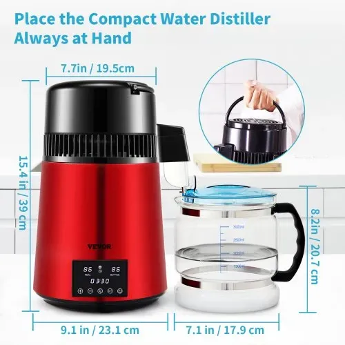 VEVOR Wasser Destillierer 1L/Std. 750 W Wasserdestilliergerät Destilliertes Wasser Edelstahl Distilleranlage, Rot Wasserdestillierapparat Borosilikatglas-Kanne Reinwasser Destillieren für Haushalt – Bild 6