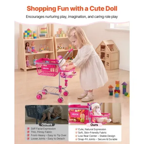 VEVOR Einkaufswagen für Kinder, Einkaufswagen Supermarkt Spielzeug mit Klappsitz für Puppen Stahlrahmen & Rollen, Faltbares Kaufladenzubehör mit Puppen-Spielzeug, Kaufmannsladen Spiele für Kinder ab 3 – Bild 3