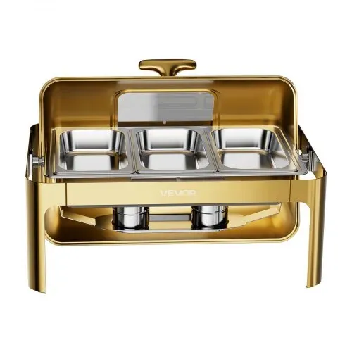 VEVOR Chafing Dish Set 12,3 L Edelstahl Warmhaltebehälter Buffets 1 Stück für Hochzeiten & Partys, Transparenter Rolldeckel mit 90°/180° Öffnung, 1 Große und 3 Kleinere Behälter, Zange, Glasschale – Bild 9