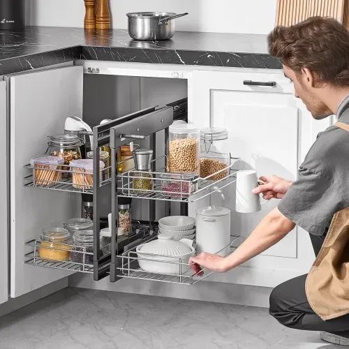 VEVOR Küchenschrank-Organizer mit 2 Ebenen & 4 Ablagen, Aufbewahrungskorb aus verchromtem Karbonstahl, Aufbewahrungs-Organizer, links und rechts zu öffnen, min. Türöffnungsbreite 38 cm – Bild 7
