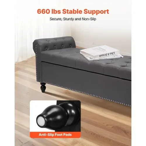 VEVOR Sitzbank Ottomane (460 x 1660 x 560 mm) aus PU-Leder mit Holzbeinen & Stauraum & Knopfheftung & gerollten Armlehnen, Schuhbank mit 300 kg Tragkraft, Bettbank Schlafzimmerbank Grau – Bild 2