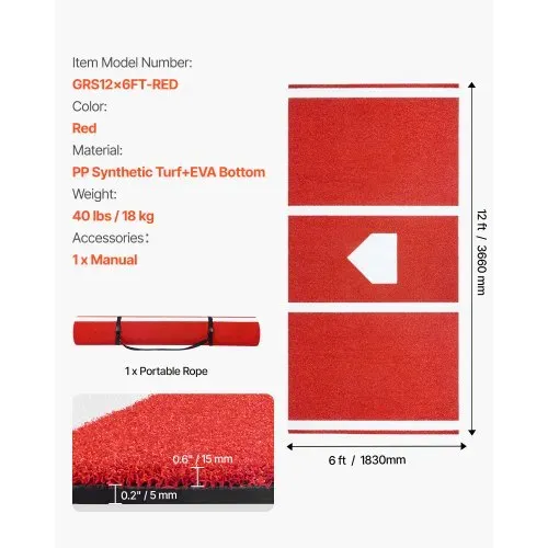 VEVOR Baseball-Schlagmatte Trainingsmatte (366 x 183 cm) Trainingspad Schlagkäfigmatte, Baseballmatte mit Home Plate & Anti-Fade-Rasen, tragbare Trainingshilfe Softballmatte Outdoor, Rot – Bild 6