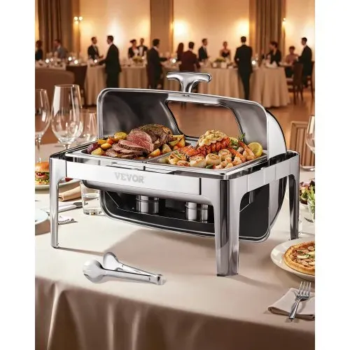 VEVOR Chafing Dish Set Speisenwärmer Edelstahl mit 2 Pfannen in halber Größe (3,9 L), rechteckiger Wärmespender mit sichtbarem Deckel & Wasserpfannenständer & Brennstoffhalter, für Partys Silber VEVOR Chafing Dish Set Speisenwärmer Edelstahl mit 2 Pfannen in halber Größe (3,9 L), rechteckiger Wärmespender mit sichtbarem Deckel & Wasserpfannenständer & Brennstoffhalter, für Partys Silber