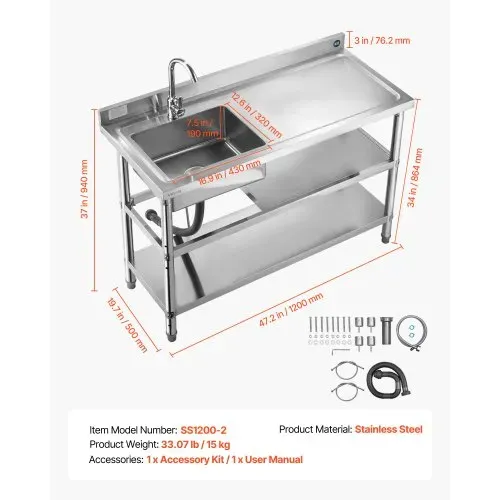 VEVOR Spültisch Spülbecken Edelstahl (120 x 50 x 94 cm), Einzelbecken mit Wasserhahn & 2 Ablagefächern, Küchenspüle für Garage Restaurant, Waschtisch Außenspüle mit Arbeitsplatte (recht) – Bild 6