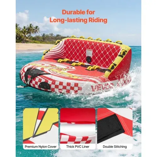 VEVOR Towable Tube für Boote, Wassersport-Schleppreifen für 4 Personen, bis 308 kg Tragfähigkeit, mit 2 Zugpunkten, Nylonhülle, Gepolsterten Griffen und Sicherheitsventil, für Seen, Flüsse, Rot – Bild 3