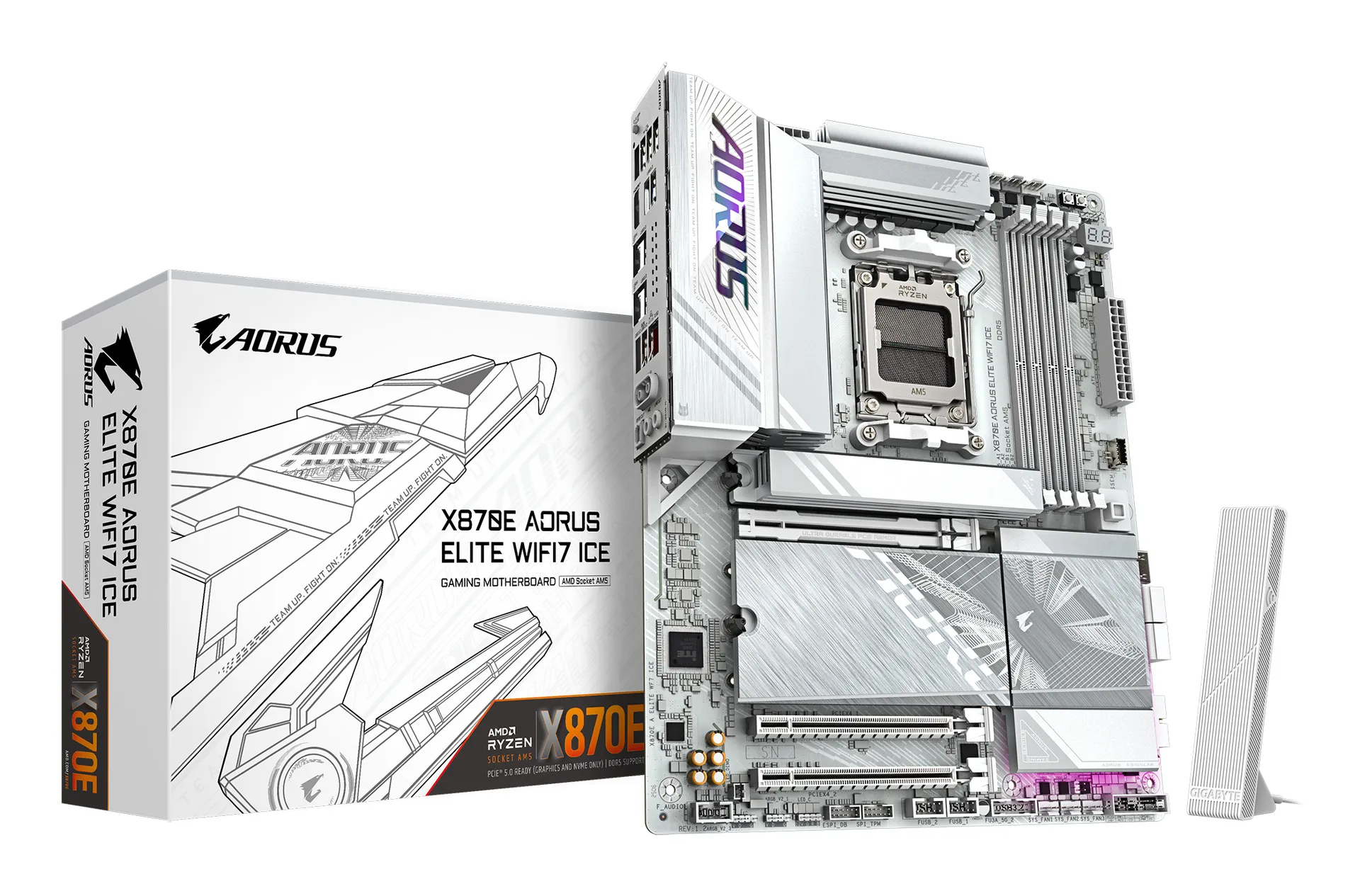 GIGABYTE X870E AORUS ELITE WIFI7 ICE Mainboard – Unterstützt AMD Ryzen 9000 Prozessoren, digitales 16+2+2 Phasen VRM, bis zu 8200 MHz DDR5 (O.C.), 3x PCIe 5.0 + 1x PCIe 4.0, Wi-Fi 7, 2.5 GbE LAN, USB 4 GIGABYTE X870E AORUS ELITE WIFI7 ICE Mainboard – Unterstützt AMD Ryzen 9000 Prozessoren, digitales 16+2+2 Phasen VRM, bis zu 8200 MHz DDR5 (O.C.), 3x PCIe 5.0 + 1x PCIe 4.0, Wi-Fi 7, 2.5 GbE LAN, USB 4
