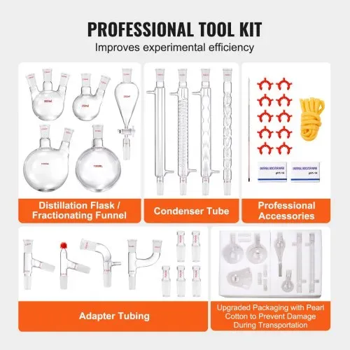 VEVOR Labor-Destillationsset, 3,3-Boro-Laborglas-Destillationsset mit 24- und 40-Verbindungen, 1000-ml-Destillationsgeräte-Set für Ätherische Öle, 32-teiliges Set mit Glaswaren – Bild 4