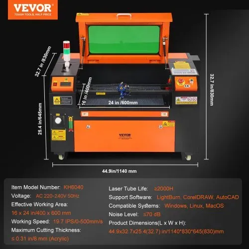 VEVOR 60 W CO2-Lasergravierer, 400x600 mm, 500 mm/s Laserschneidmaschine mit 2-Wege-Pass-Air-Assist, kompatibel mit LightBurn, CorelDRAW, AutoCAD, Windows, Mac OS, Linux, für Holz, Acryl, Stoff – Bild 6
