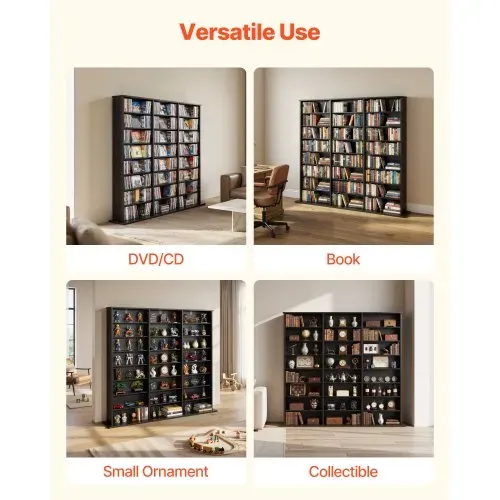 VEVOR DVD-Regal mit 24 Fächern (8 Ebenen), Medienregal Standregal 142 x 22 x 130 cm, Platzsparendes Aufbewahrungsregal für CDs DVDs Bücher Spiele-Discs, Bücherregal für Wohnzimmer/Homeoffice, Schwarz – Bild 5