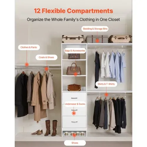 VEVOR Garderobenständer mit 3 Schubladen, verstellbarer Kleiderständer aus Holz, Kleiderschrankorganisation mit 3 ausziehbaren Kleiderstangen (575-1020 mm) Schranksystem für begehbare Garderoben – Bild 2