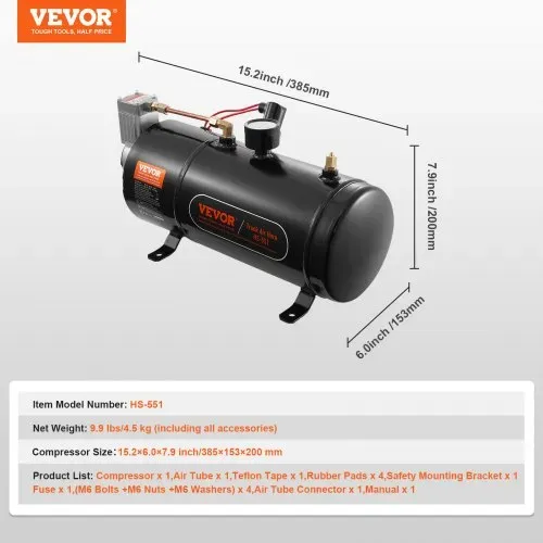 VEVOR 12-V-Luftkompressor-Set mit Tank 3 L, Zughorn-Luftkompressor-Satz, 90-120 psi Arbeitsdruck, Integriertes Luftkompressorsystem für Zug-Lufthupen, Aufpumpen von Reifen, LKWs, SUVs usw. Schwarz – Bild 6