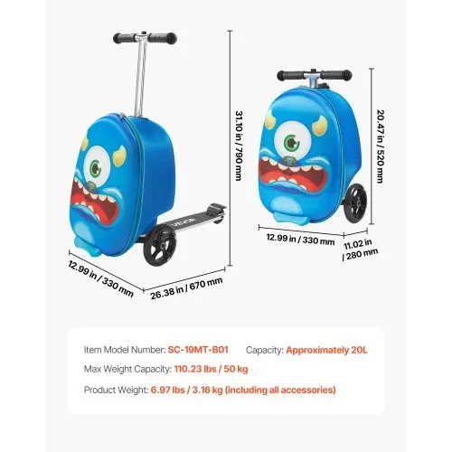 VEVOR Scooter Koffer, 20 L Fassungsvermögen, Reisekoffer mit Flash-PU-Rädern, TPR-Anti-Rutsch-Griff, max. Gewichtskapazität 50 kg, Kinderkoffer Handgepäck, für Kinder ab 5 Jahren, Blau – Bild 6