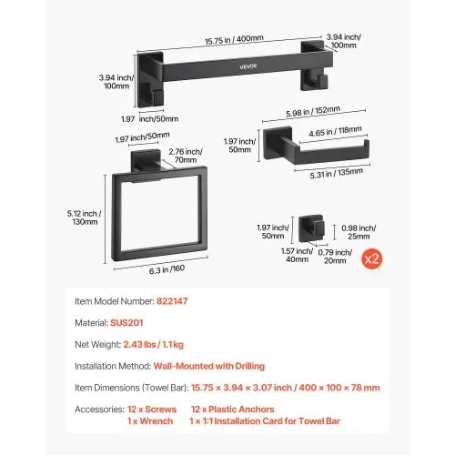 VEVOR Badezimmer Hardware Zubehör Set (5-tlg.) inkl. Handtuchstange (406,4 mm) & Handtuchhalter (quadratischer Ring) & 2 Haken & Toilettenpapierhalter, für Badezimmer, Wandmontage Mattschwarz – Bild 6