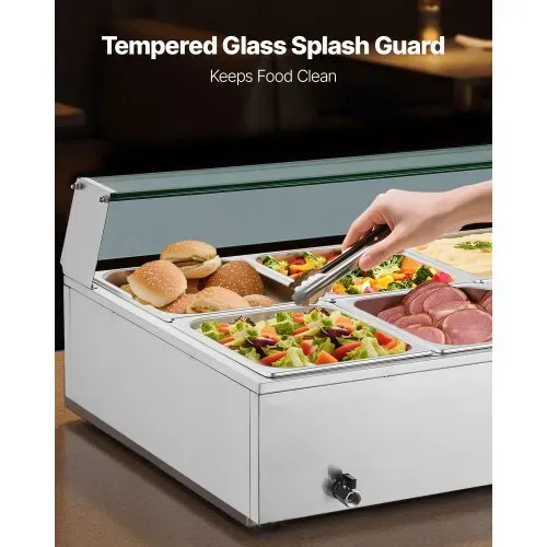 VEVOR kommerzieller Speisenwärmer (10 x 1/2 Größe Behälter), 1,7 kW elektrischer Wärmebehälter aus Edelstahl mit Glasabdeckung & Suppenkelle, Chafing Dishes für Catering Restaurant Party – Bild 3