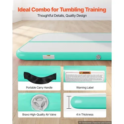 VEVOR Aufblasbare Gymnastikmatte 500x100x10 cm Airtrack-Turnmatte für Training, Wettkampfsport & Yoga, mit Rutschfester Oberfläche, 600-W-Elektroluftpumpe, Reparaturflicken, Düsen & Tasche, Mintgrün – Bild 4