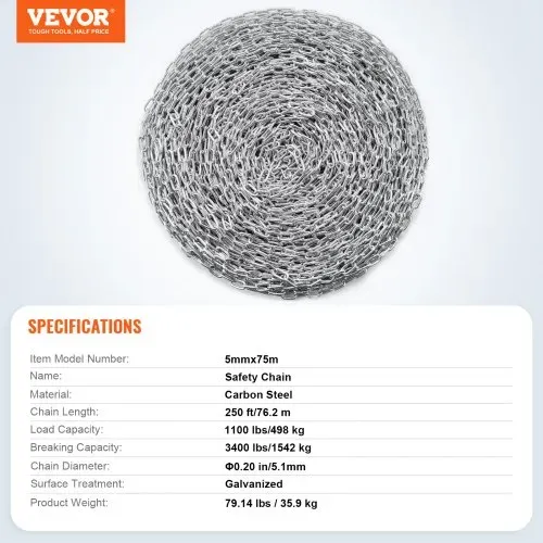 VEVOR Proof Coil Chain, 3/16" x 250', 1100 lbs sichere Arbeitslast, verzinkte, geprüfte Coil Chain mit zwei Schnellgliedern, verzinkte Gliederkette aus Karbonstahl zum Schleppen, Aufhängen, Camping, Schleppen von Haustieren – Bild 6