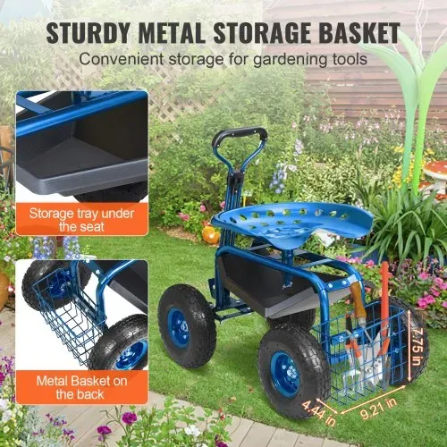 VEVOR Rollsitz Werkstattwagen aus Stahl bis 136kg belastbar Gartenwagen mit 25cm Griff und 45-54cm höhenverstellbarem Sitz Rollwagen 30PSI Reifendruck Arbeitssitz Gartensitz blau – Bild 4