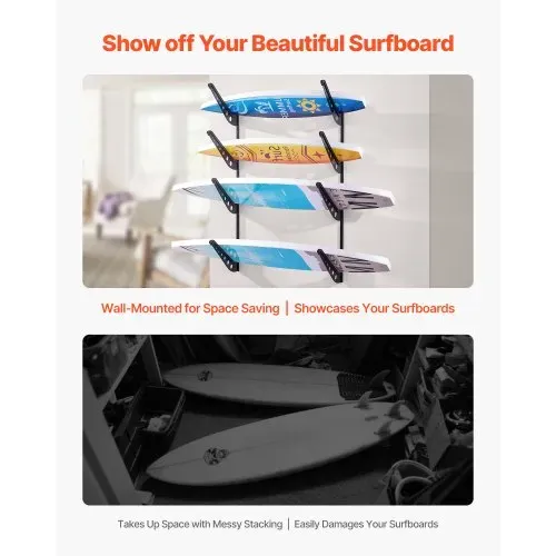 VEVOR Surfbrett-Wandhalterung (4 Ebenen) horizontales Surfbrett-Rack Aufhänger zur Aufbewahrung & Präsentation, höhenverstellbarer Organizer für Kiteboards Shortboards Skier Snowboards Schwarz VEVOR Surfbrett-Wandhalterung (4 Ebenen) horizontales Surfbrett-Rack Aufhänger zur Aufbewahrung & Präsentation, höhenverstellbarer Organizer für Kiteboards Shortboards Skier Snowboards Schwarz
