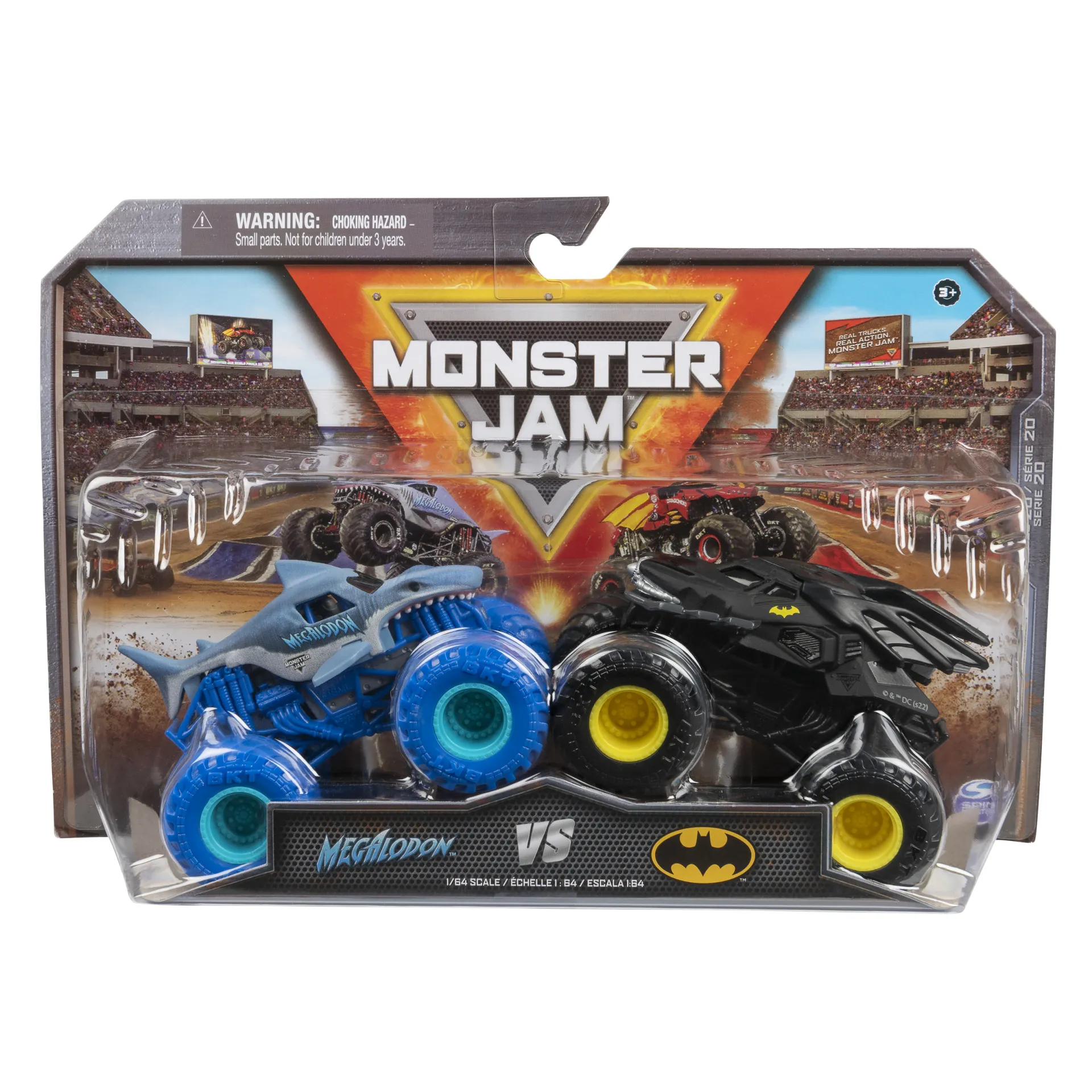 Monster Jam - Batmobil vs. Megalodon Zweier-Pack, Original Monster Trucks im Maßstab 1:64, Sammelbare Stunt-Fahrzeuge für Kinder ab 3 Jahren – Bild 2
