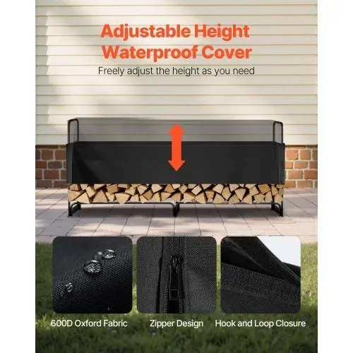 VEVOR Kaminholzregal Metall 259x36x117cm Brennholzregal Stahlrahmen Pulverbeschichtet Kaminholzunterstand 300kg mit Wasserdichter Abdeckung Stapelhilfe Holzunterstand für Veranda Garten Terrasse Hof – Bild 3