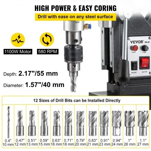 VEVOR 1100 W Magnetbohrer Magnetbohrmaschine 12000 N Elektrische Kernbohrmaschine Industrielle Bohrmaschine mit 12 Bohrer, Max. Tiefe 55 mm, für Schiffs-und Brückenbau Industrie Stahlbau – Bild 2