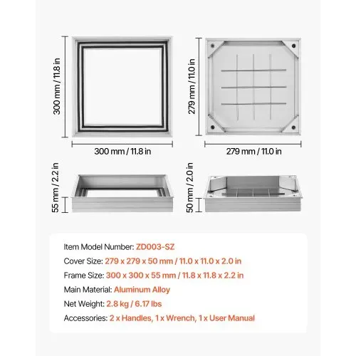 VEVOR Schachtabdeckung mit Rahmen 30 x 30 cm, Unsichtbarer Schachtdeckel Auspflasterbarer Klärgrubendeckel aus Aluminiumlegierung für Integrierten Abflusskanal auf Gehwegen in Gärten auf Terrasse – Bild 2