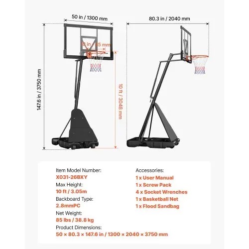 VEVOR tragbarer Basketballständer, max. 3,05 m höhenverstellbarer (manuell) Basketballkorb, Basketballanlage mit 130 cm PC-Rückwand, Basketballkorsystem Backboard-Set für Terrassen Schulen – Bild 6