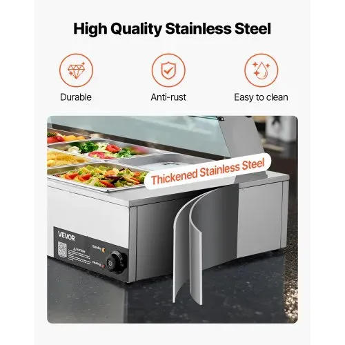 VEVOR kommerzieller Speisenwärmer (8 x 1/2 Größe Behälter), 1,7 kW elektrischer Wärmebehälter aus Edelstahl mit Glasabdeckung & Suppenkelle, Chafing Dishes für Catering Restaurant Party – Bild 4